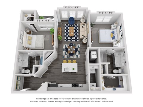 a 1 bedroom floor plan is shown in this rendering